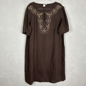 Jones New York Woman plus size 2X midi dress brown 100% linen embroidered beaded